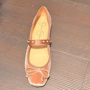 Light pink velvet ballet flats with pearl beads